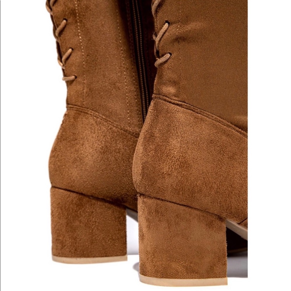 Tan Over The Knee Chunky Low Heel Lace Up Boots - Picture 4 of 9
